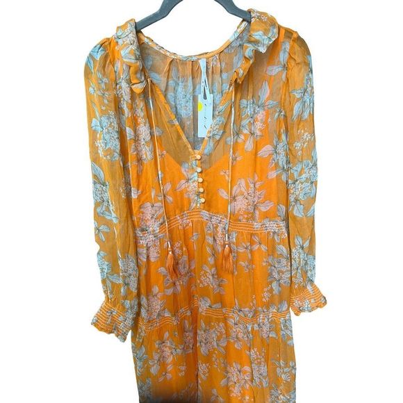Anthropologie The Marais Printed Chiffon Maxi Dress in Orange Motif, NWT XS - Picture 6 of 8